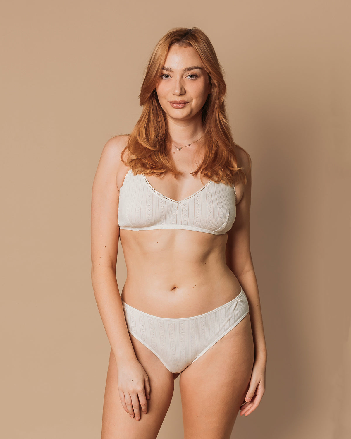 Women's Pointelle French Cut Organic Cotton Bikini in Natural - front view on model | Q for Quinn