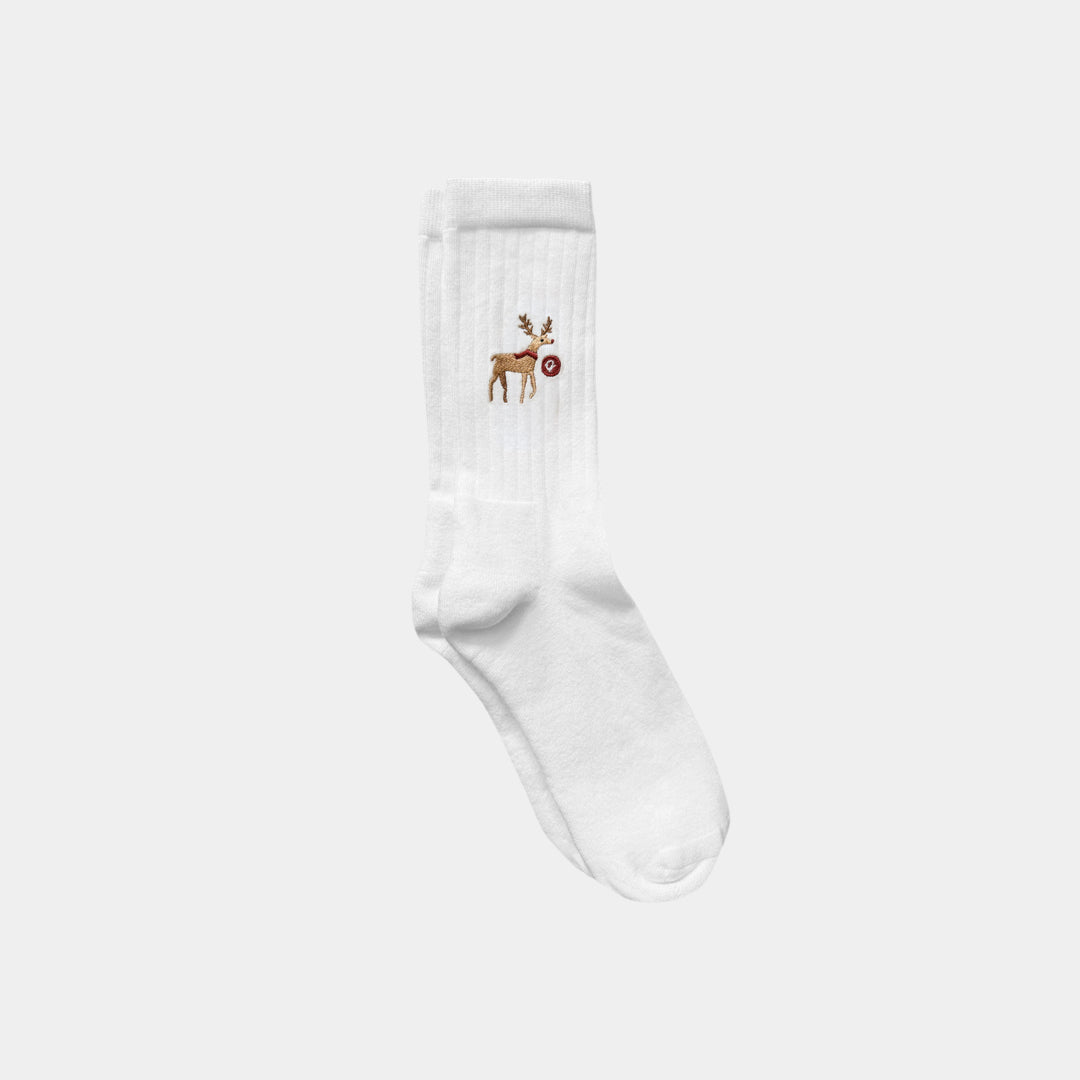 White sock with a reindeer design on a white background