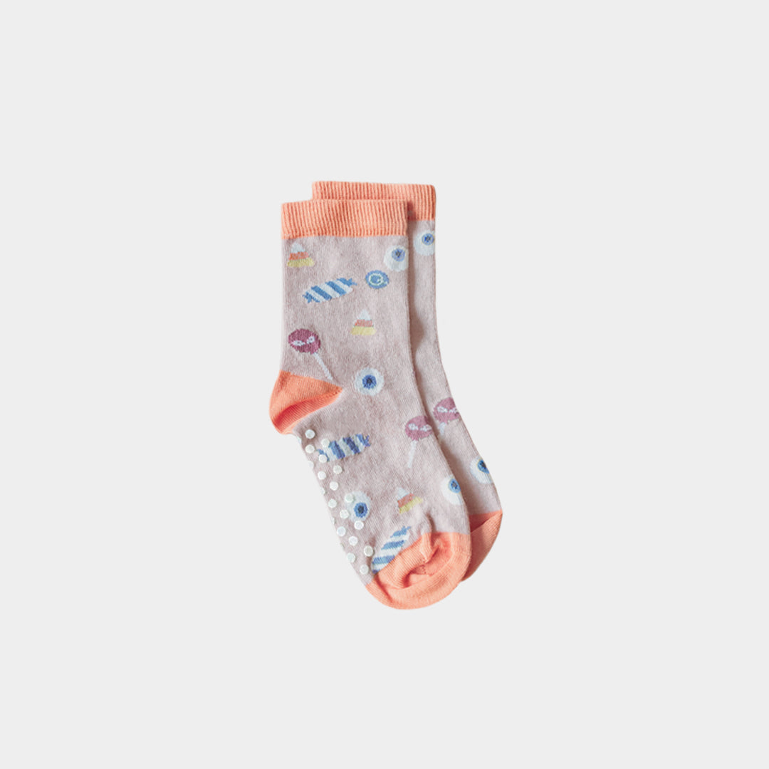 Trick 'r' Treat Organic Cotton Socks in mauve with candy print and coral cuffs | Q for Quinn