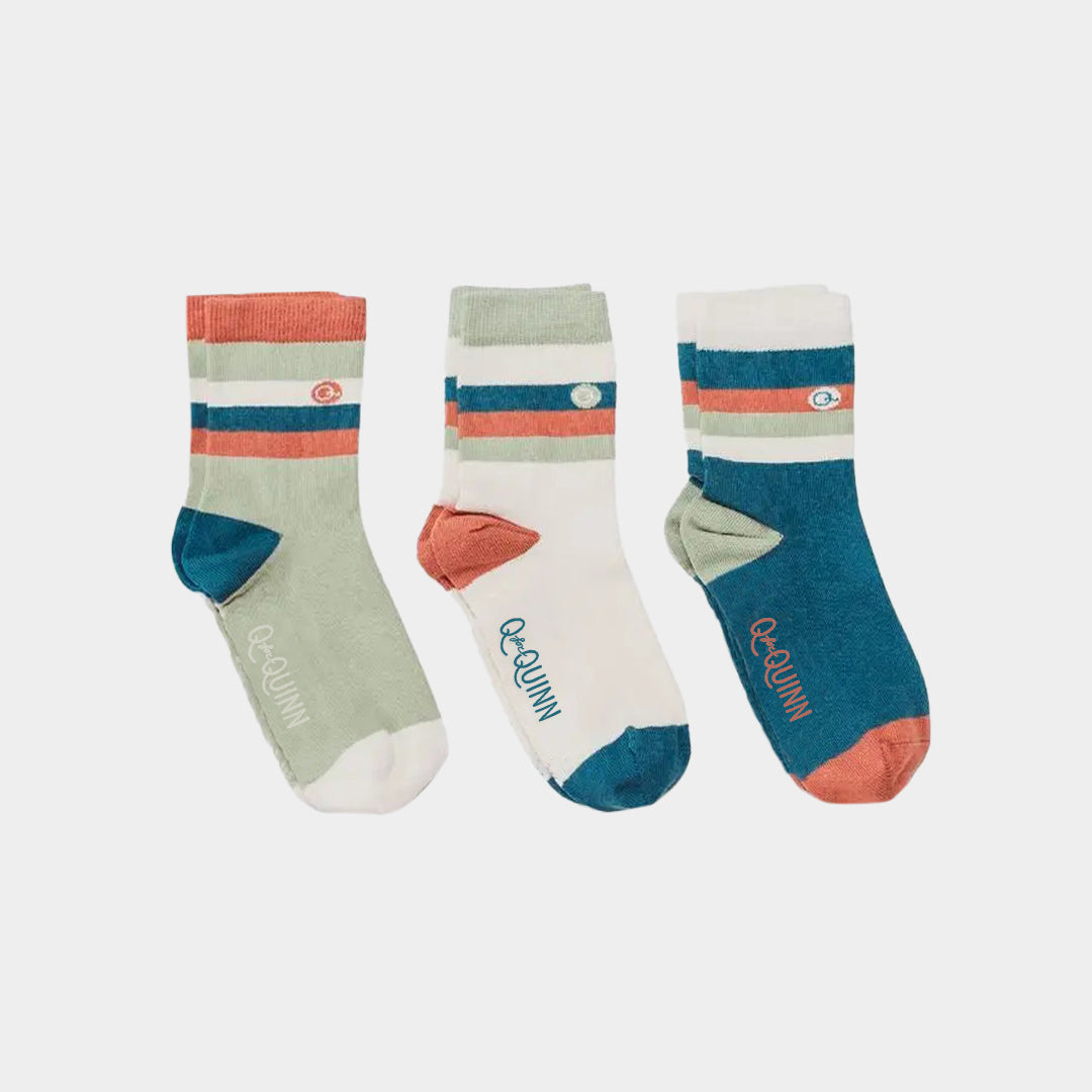 Mixed Patterns Kids Socks 3-pack in Camo Stripes - sage, cream, and teal organic cotton crew socks | Q for Quinn