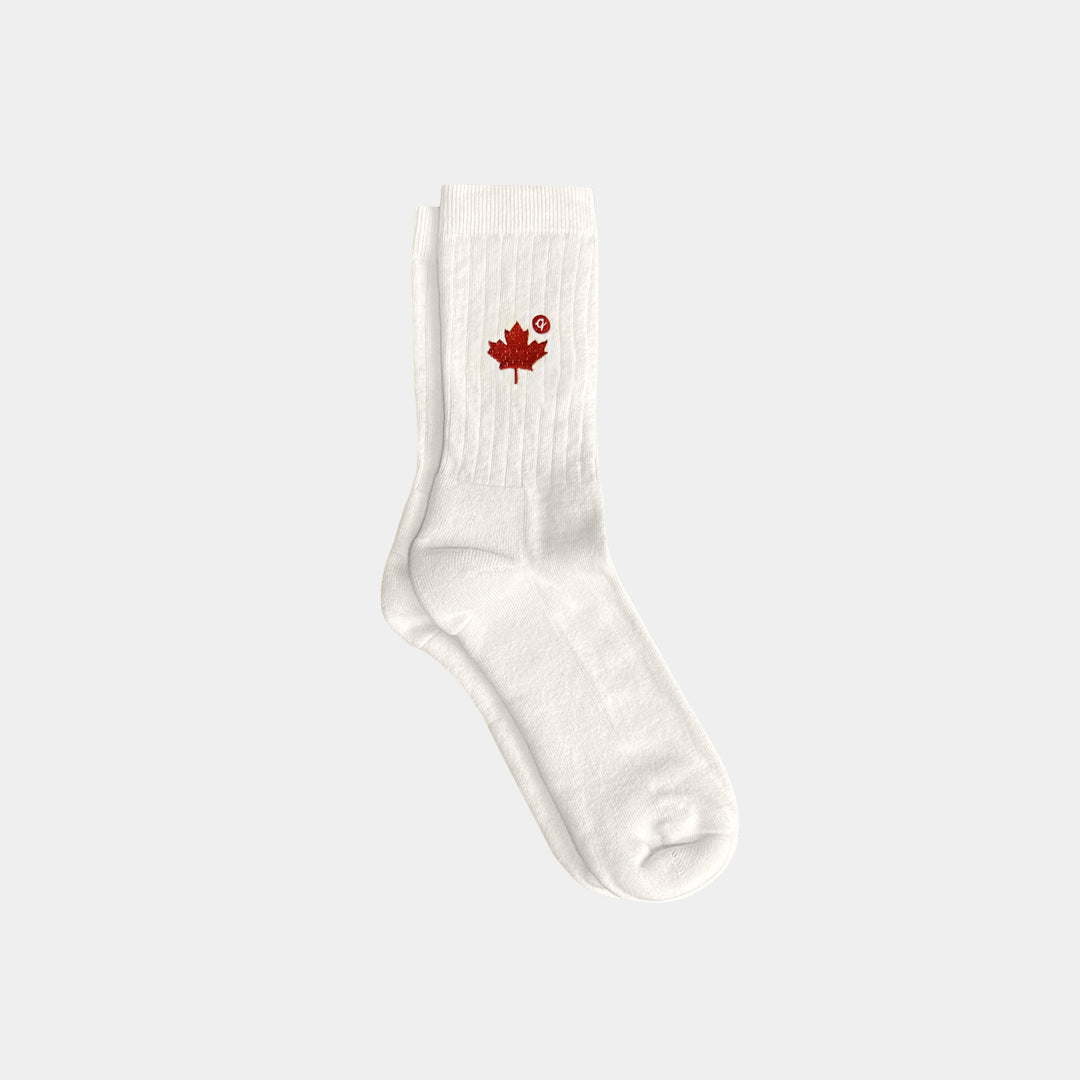 White sock with a red maple leaf logo on a light gray background