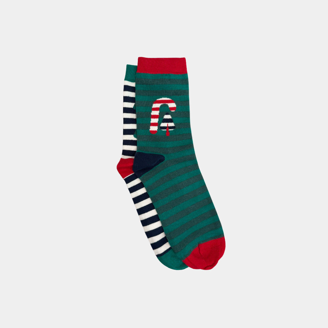 A pair of crew socks with a festive holiday theme, featuring dark green and teal horizontal stripes, a red cuff and toe, and a white and red striped candy cane graphic on the side.