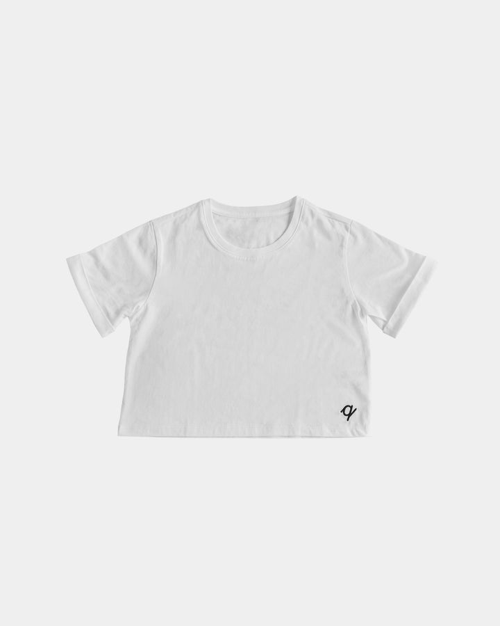 Organic Motion Crop Tee in White - cropped length, short sleeves, small logo detail | Q for Quinn