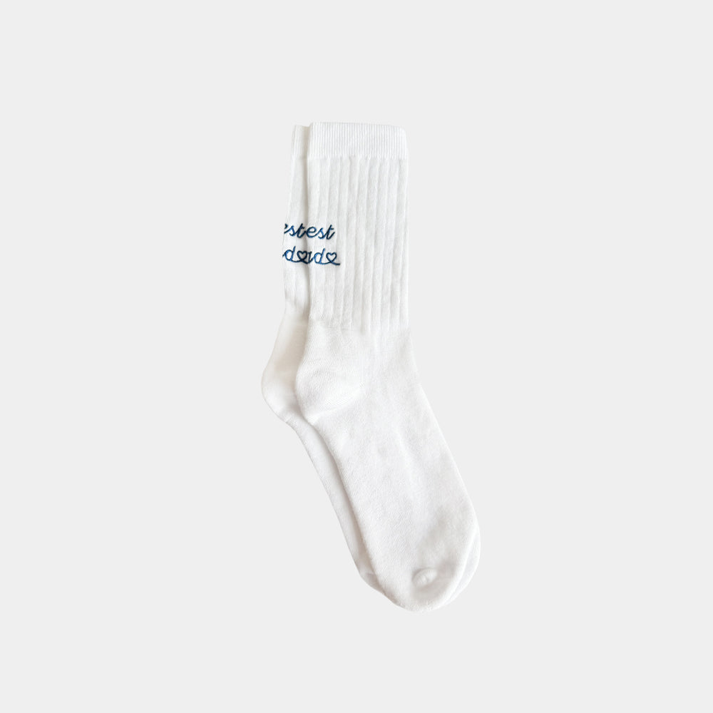 White sock with blue text on a white background
