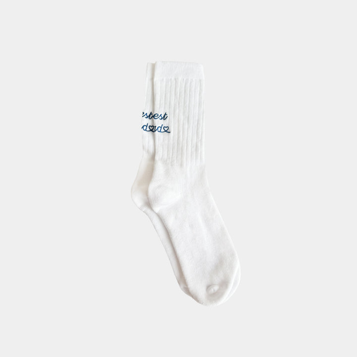 White sock with blue text on a white background