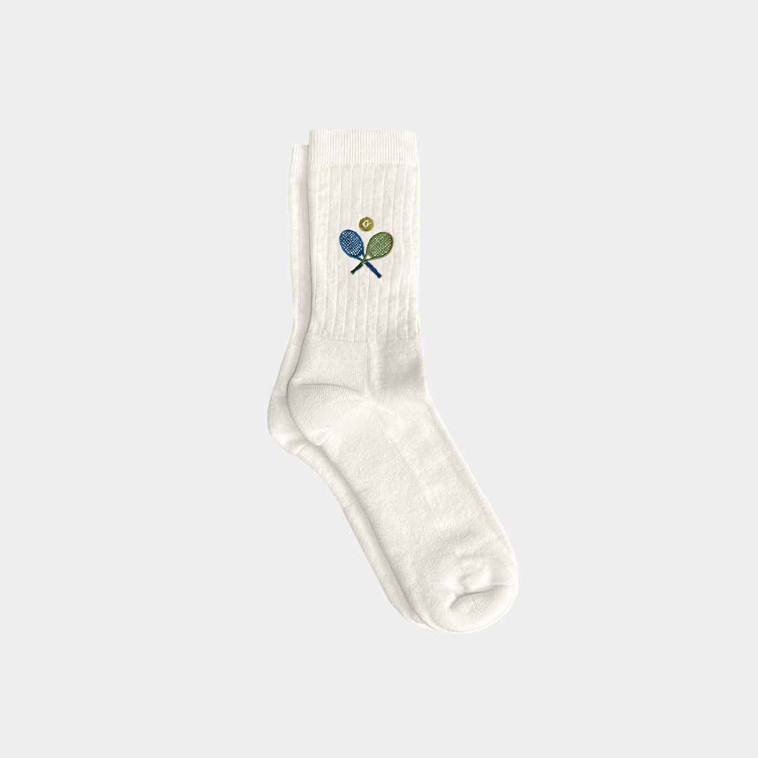 White sock with a colorful logo on a light gray background