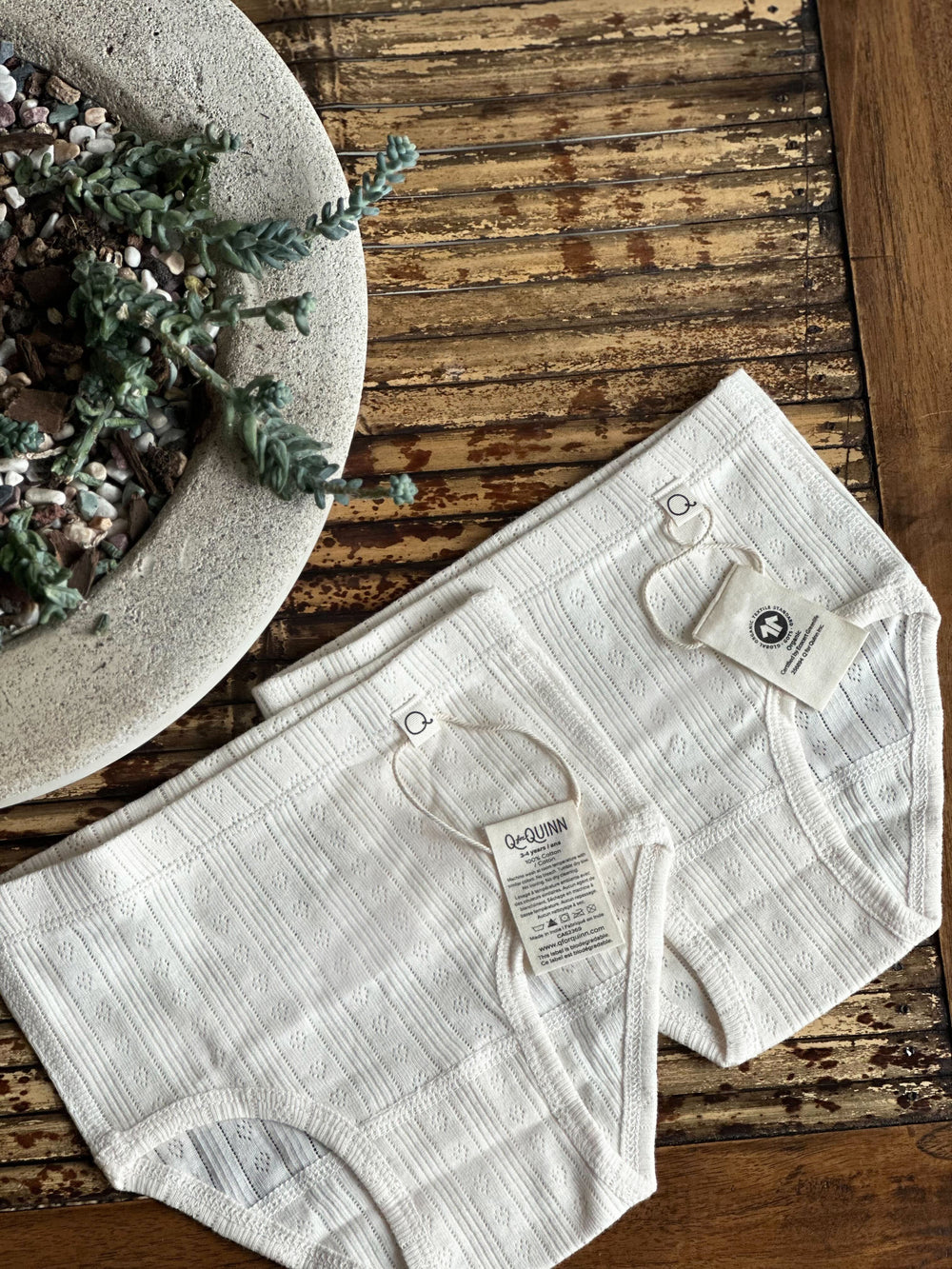 Two white baby bodysuits with tags on a wooden surface next to a potted plant.
