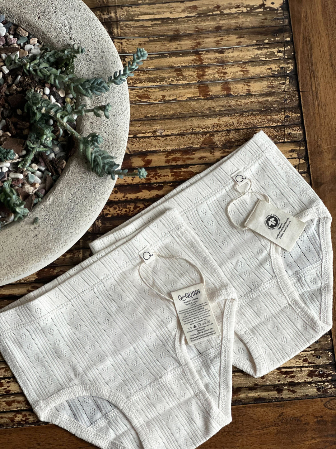 Two white baby bodysuits with tags on a wooden surface next to a potted plant.