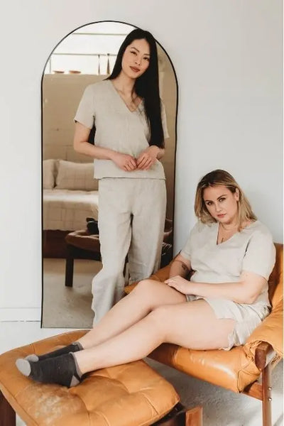 Both Ladies are wearing 100% undyed European Flax Linen Pajama Set.