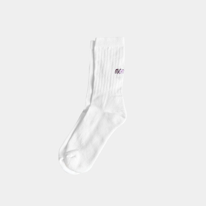 White sock with a brand logo on a light gray background