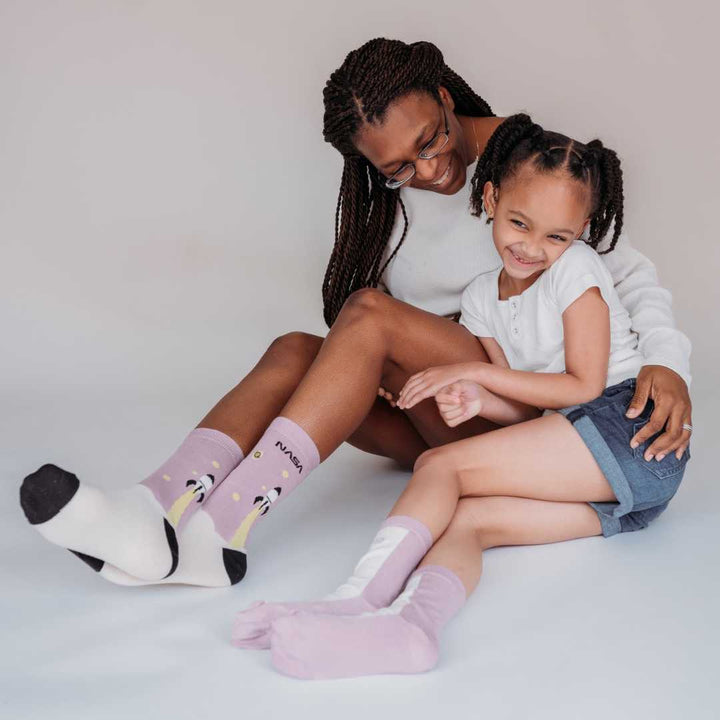 Mother and daughter wearing organic cotton socks 