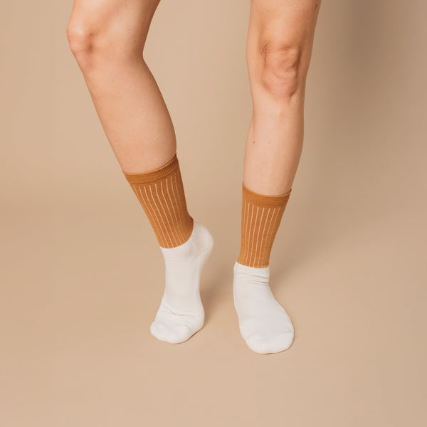 Legs wearing Natural Block & Stripe Pure Midweight Crew Pacers in organic cotton | Q for Quinn