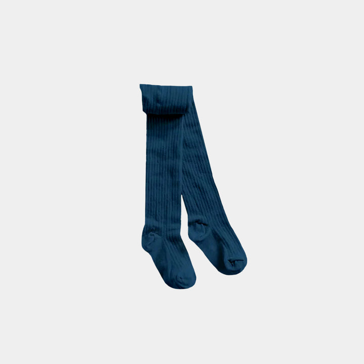 Blue ribbed tights on a light gray background