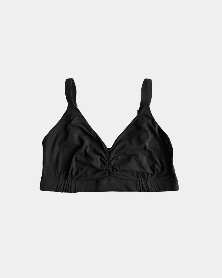 Black bikini top on a light gray background