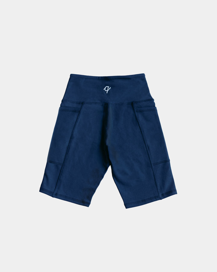 Organic Stretch Biker Short in Navy - flat lay showing high waist and side pockets | Q for Quinn