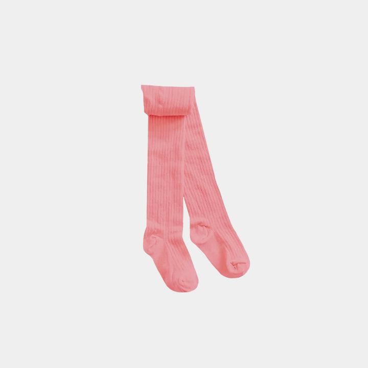 Pink ribbed tights on a light gray background