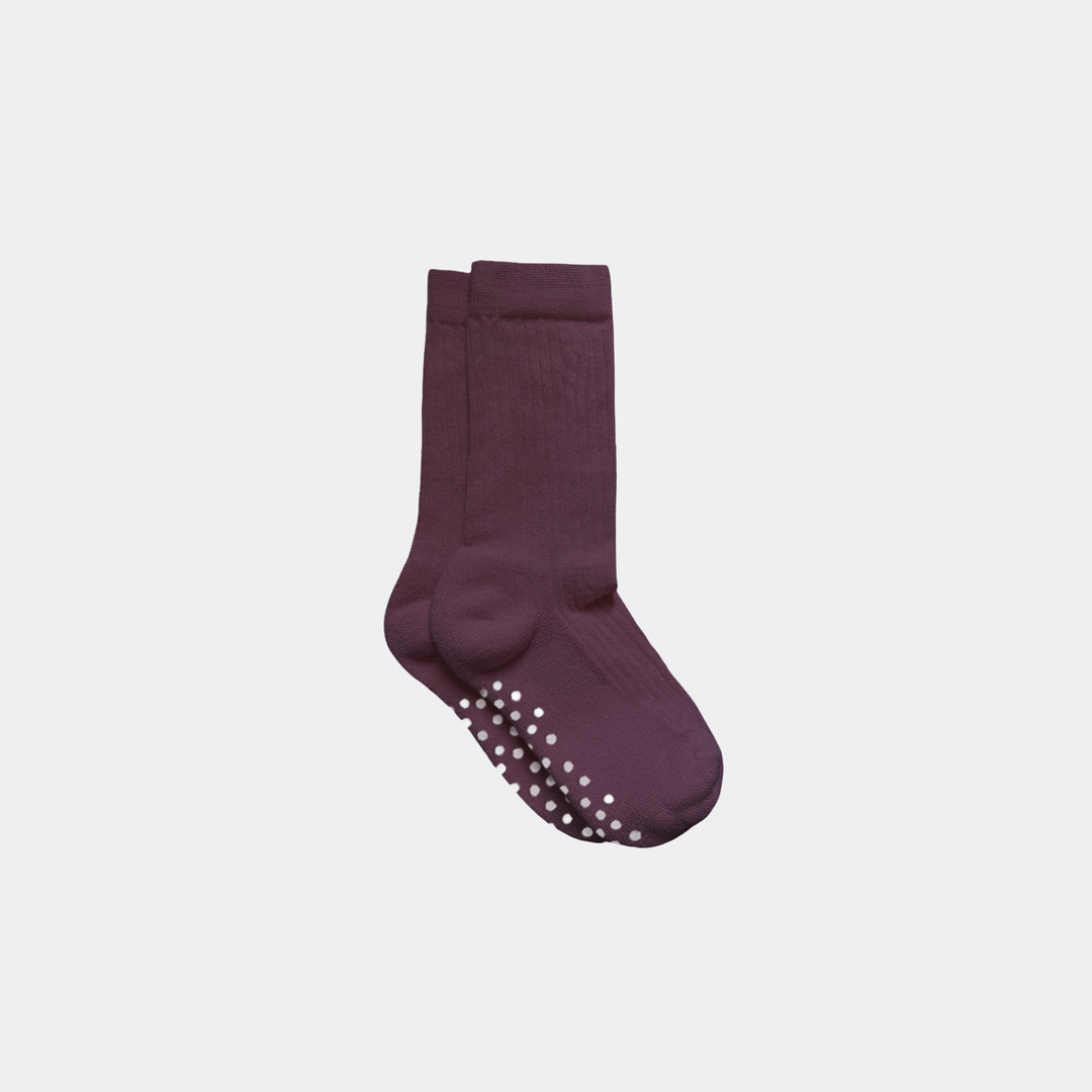 Plum midweight merino kids socks with grips