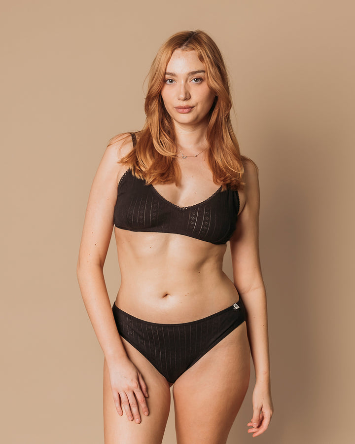 Black Pointelle Bra & Thong Set (2 Pack) - 100% Organic Cotton
