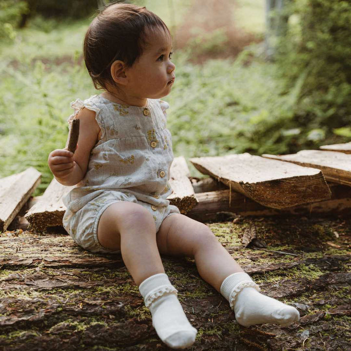 Little Girl Sitting Wears Organic Cotton Lace Socks 