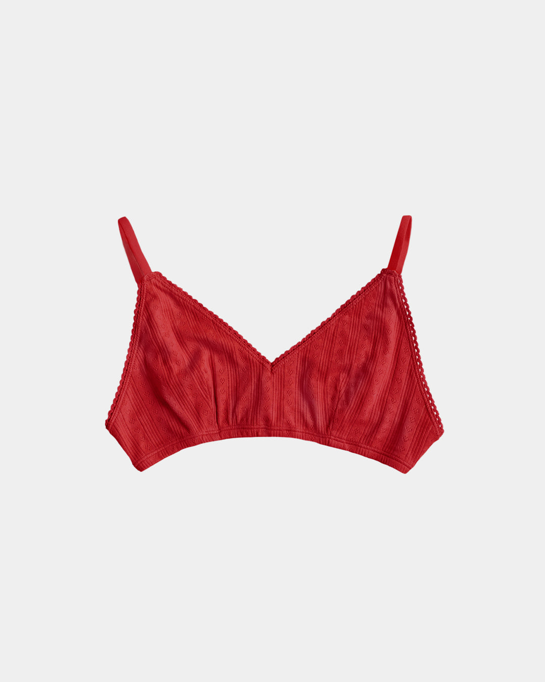 A red ribbed triangle bralette with thin shoulder straps and delicate lace trim along the edges, shown flat against a light gray background.