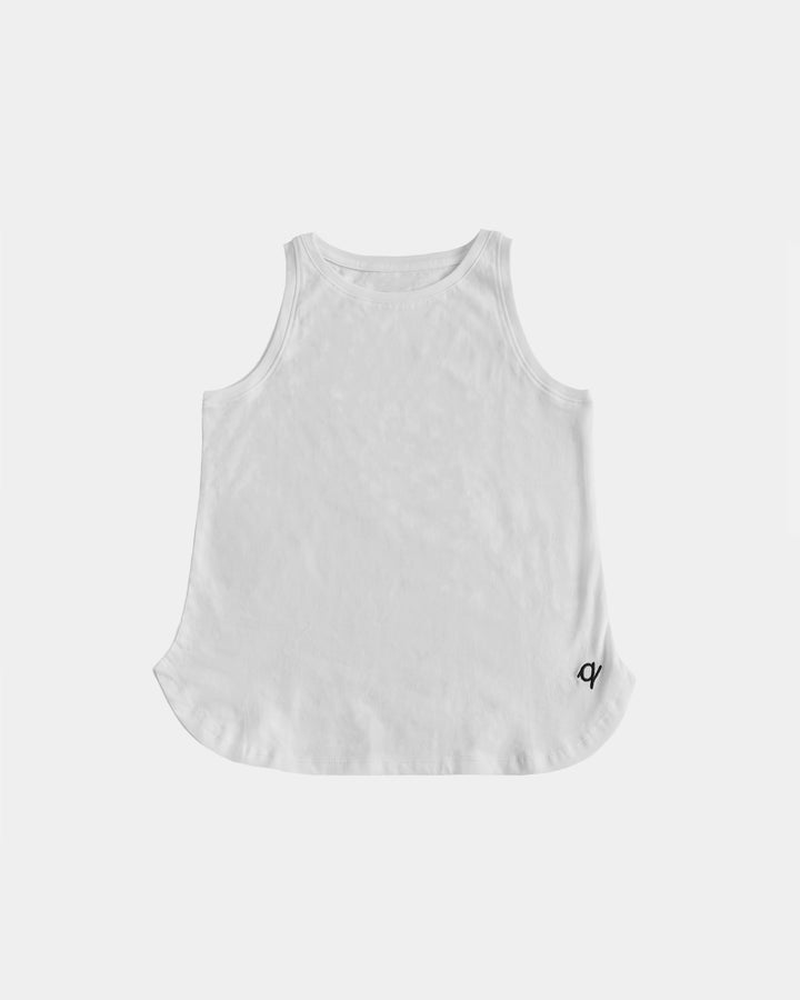 Organic Motion Tank in White - sleeveless silhouette, curved hem, small logo detail | Q for Quinn