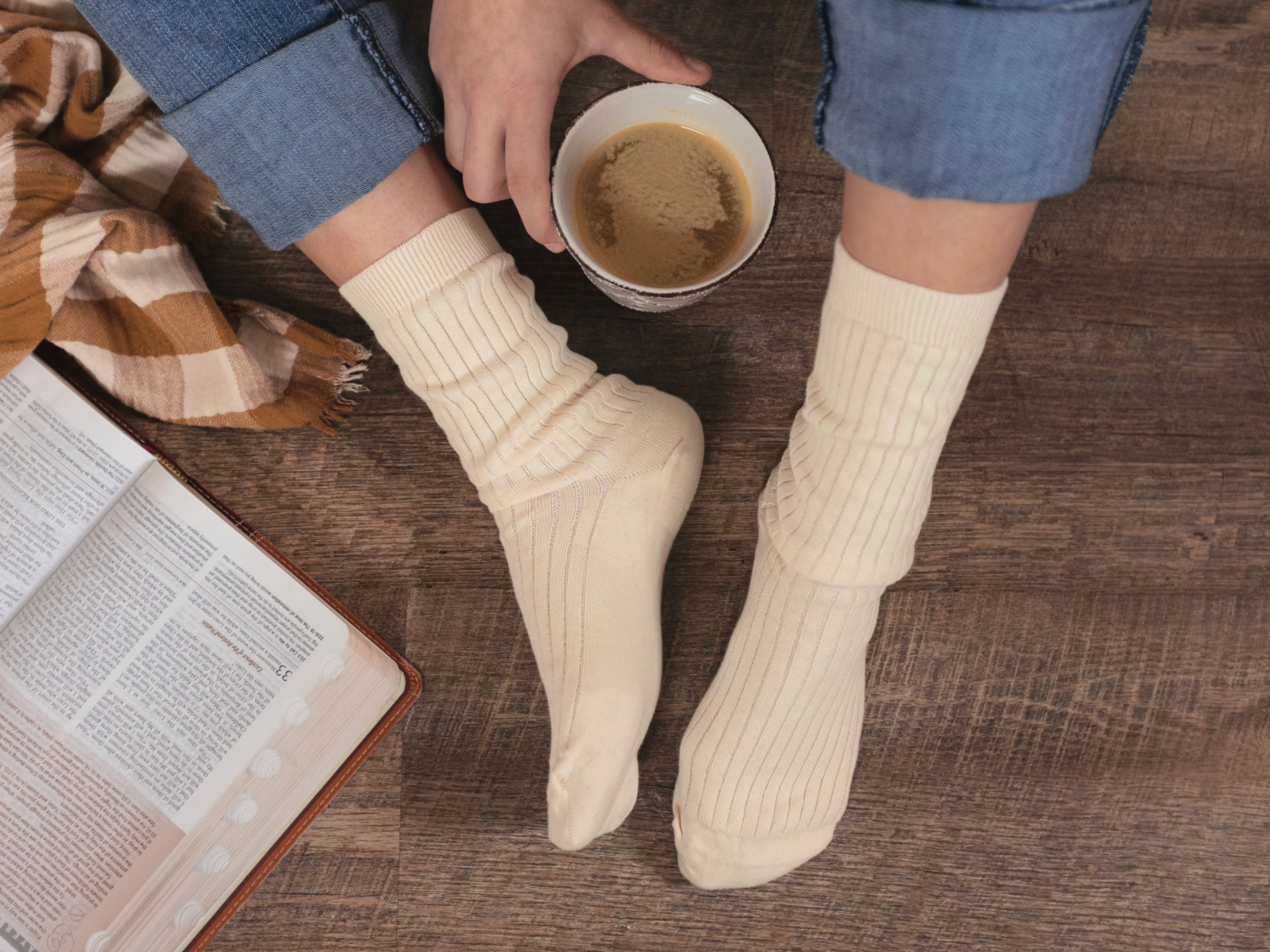 White Q for Quinn Ribbed Cotton Socks with a mug of coffee