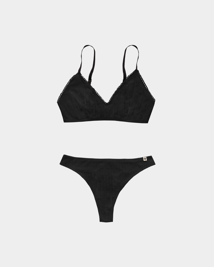 Black Pointelle Bra & Thong Set (2 Pack) - 100% Organic Cotton