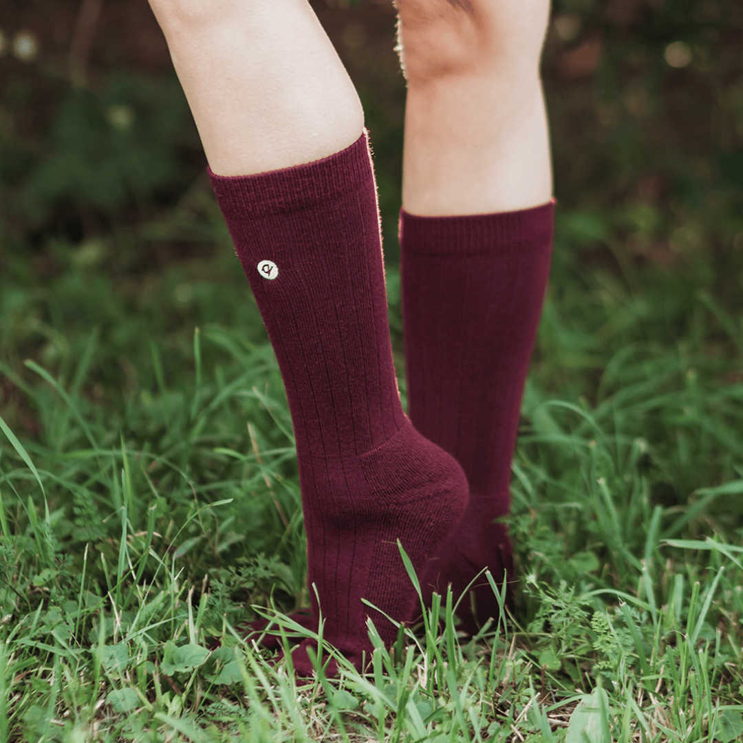 A close-up of a person's legs wearing ribbed knee-high maroon socks standing in green grass outdoors.