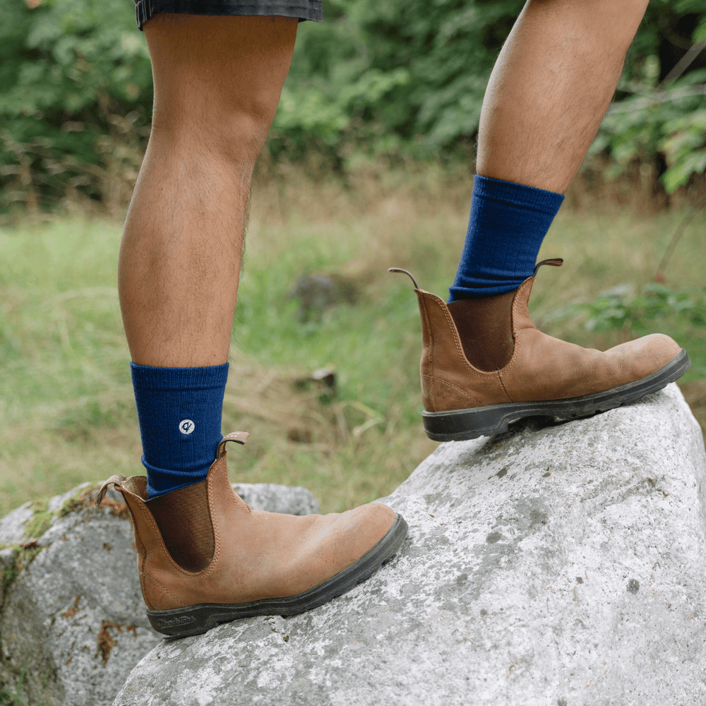 Man wearing blue merino wool socks