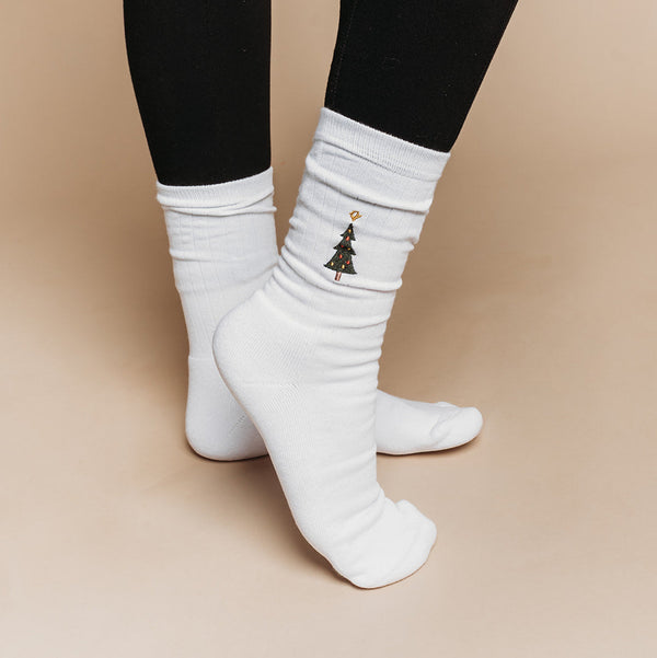Model wears Christmas Tree Socks