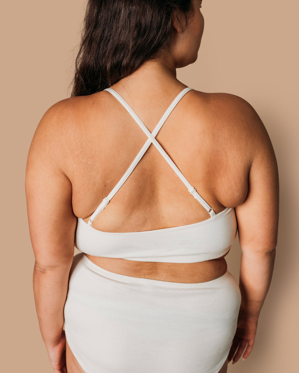 Pure (no dye) Women's Criss-Cross Organic Cotton Bralette in Natural - back view with crossed straps | Q for Quinn