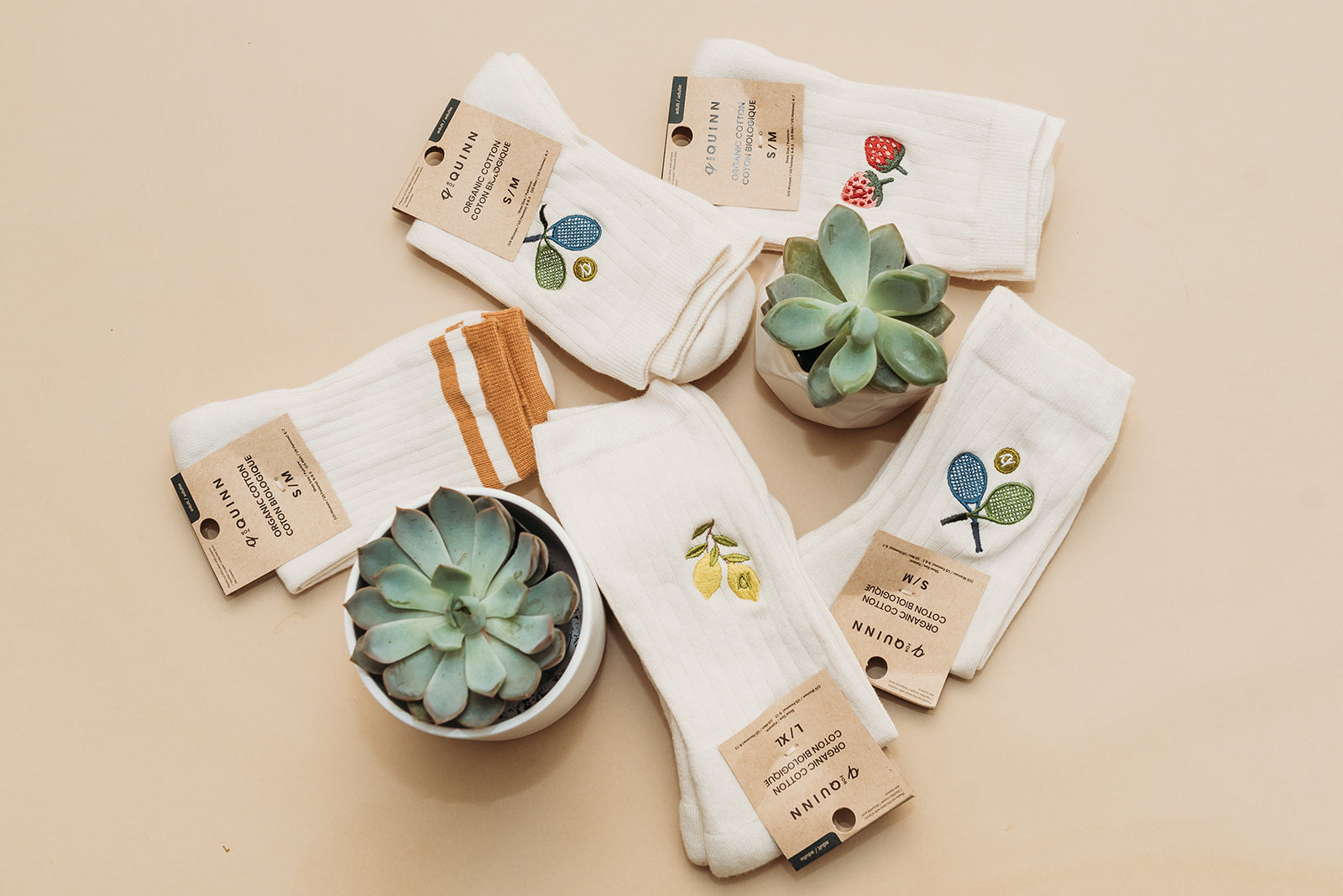 Q for Quinn socks against a beige background with succulents